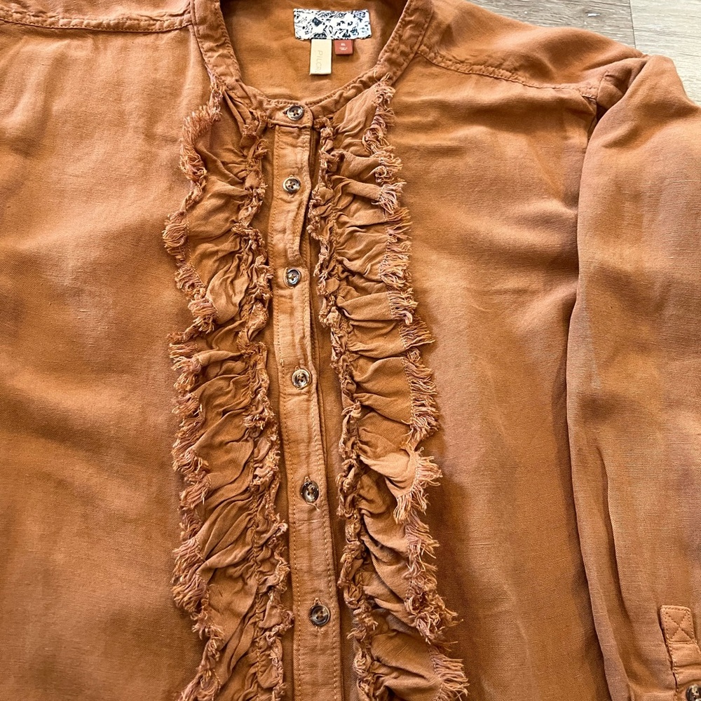 Pilcro Brown Button Down Shirt with Fringe Detail